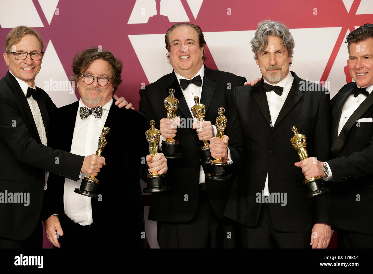 (L-R) Jim Burke, Charles B. Wessler, Nick Vallelonga, Peter Farrelly and Brian Currie, winners of Best Picture for 'Green Book,' appear backstage with their Oscars during the 91st annual Academy Awards at Loews Hollywood Hotel in the Hollywood section of Los Angeles on February 24, 2019. Photo by John Angelillo/UPI Stock Photo