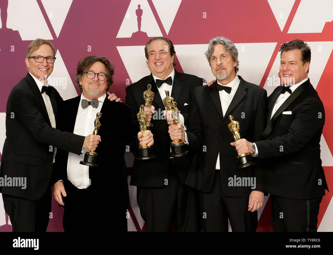 (L-R) Jim Burke, Charles B. Wessler, Nick Vallelonga, Peter Farrelly and Brian Currie, winners of Best Picture for 'Green Book,' appear backstage with their Oscars during the 91st annual Academy Awards at Loews Hollywood Hotel in the Hollywood section of Los Angeles on February 24, 2019. Photo by John Angelillo/UPI Stock Photo