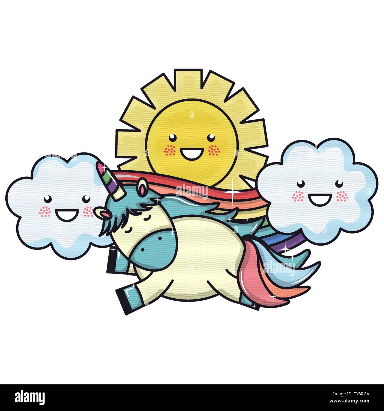 cute unicorn in rainbow with clouds and sun kawaii characters vector ...
