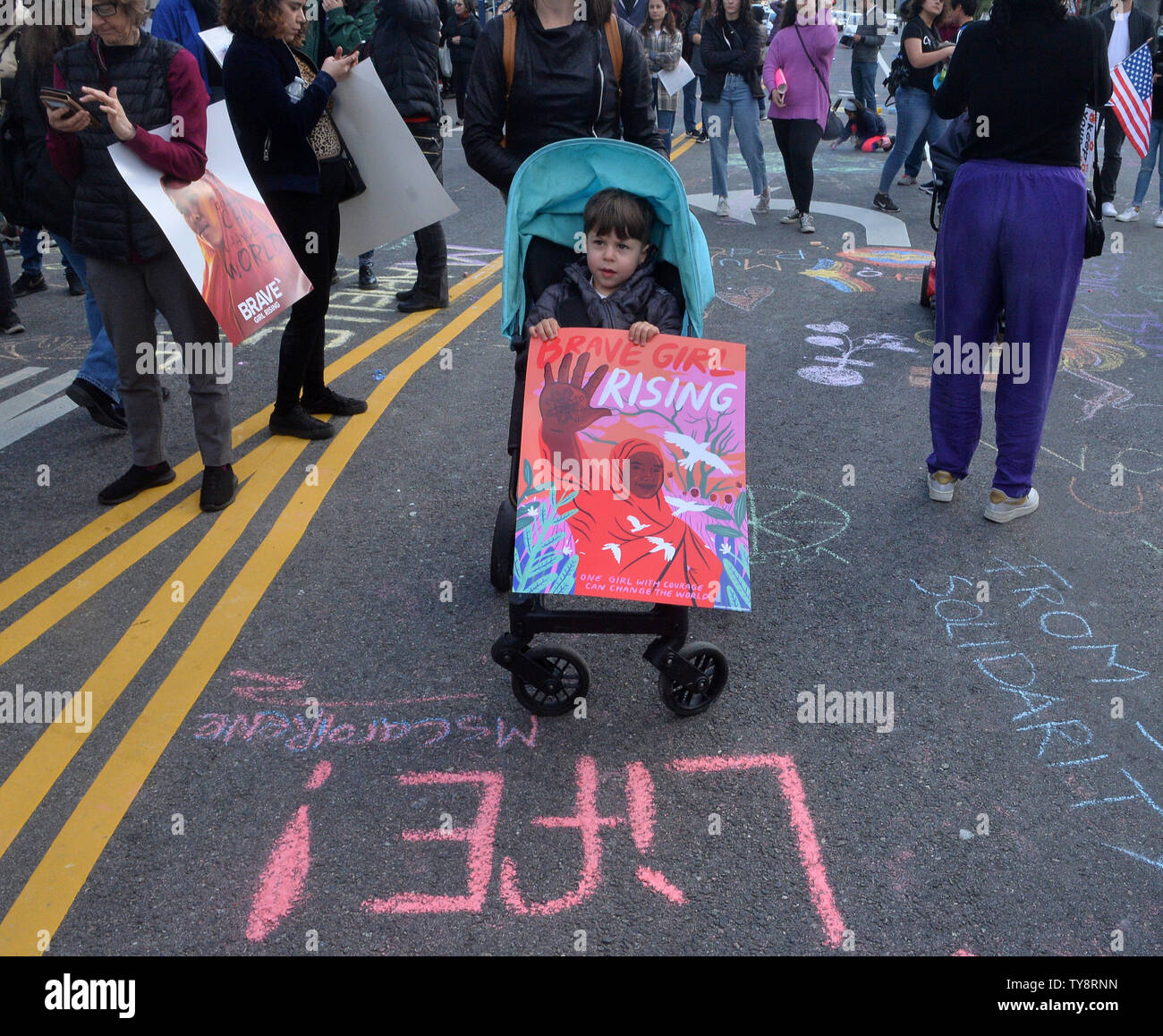 Activists rally and march in celebration of the 108th International Women's Day at the Federal Building and Metropolitan Detention Center in downtown Los Angeles on March 8, 2019. This year's commemoration follows a record 117 women elected to U.S. Congress last fall and several making plans to run for president in 2020.  Photo by Jim Ruymen/UPI Stock Photo