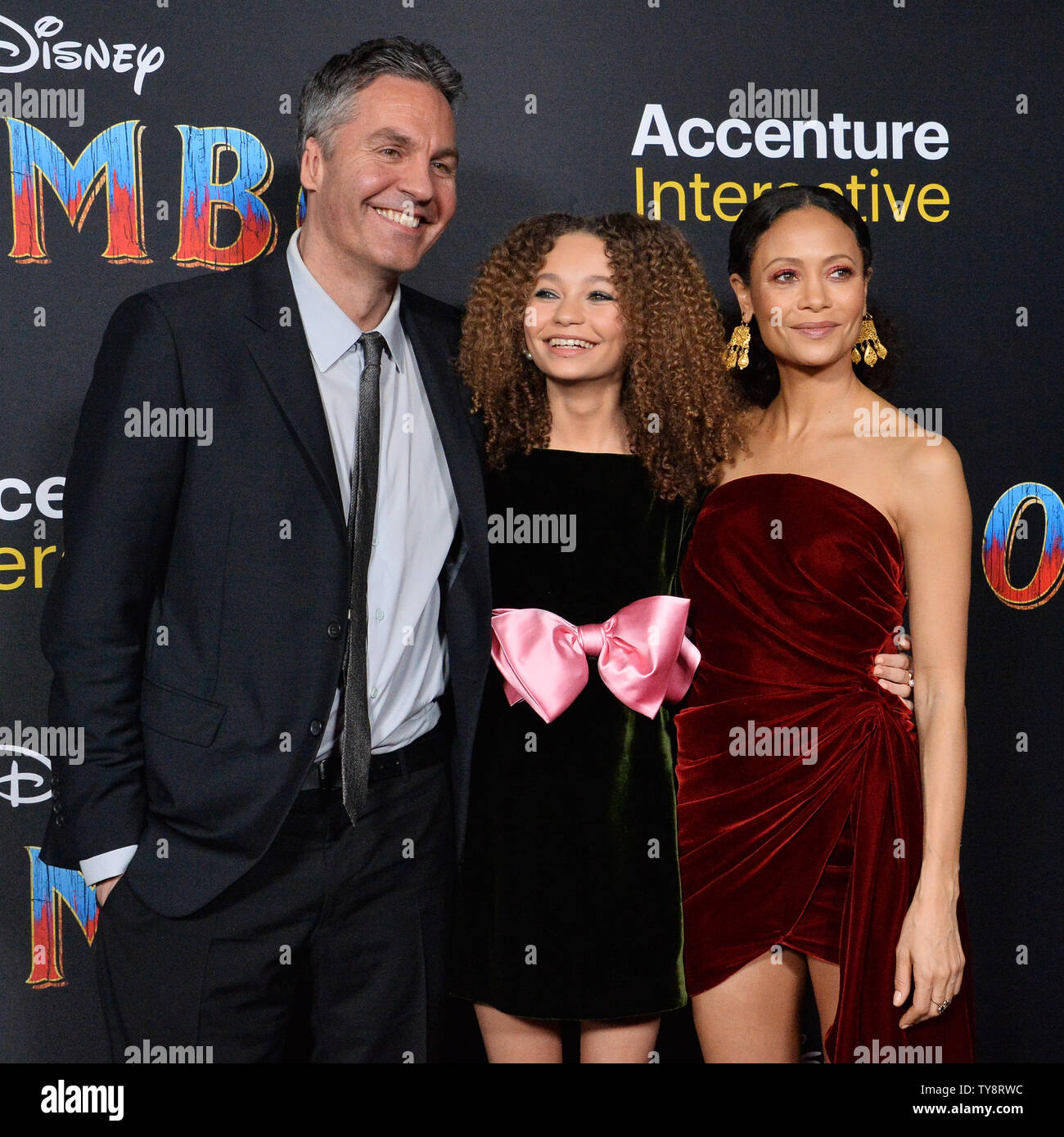 Ol Parker, Nico Parker, and Thandie Newton attend the premiere of the motion picture fantasy 'Dumbo' at the Ray Dolby Ballroom, Loews Hollywood Hotel in the Hollywood section of Los Angeles on March 11, 2019. Storyline: A young elephant, whose oversized ears enable him to fly, helps save a struggling circus, but when the circus plans a new venture, Dumbo and his friends discover dark secrets beneath its shiny veneer.  Photo by Jim Ruymen/UPI Stock Photo