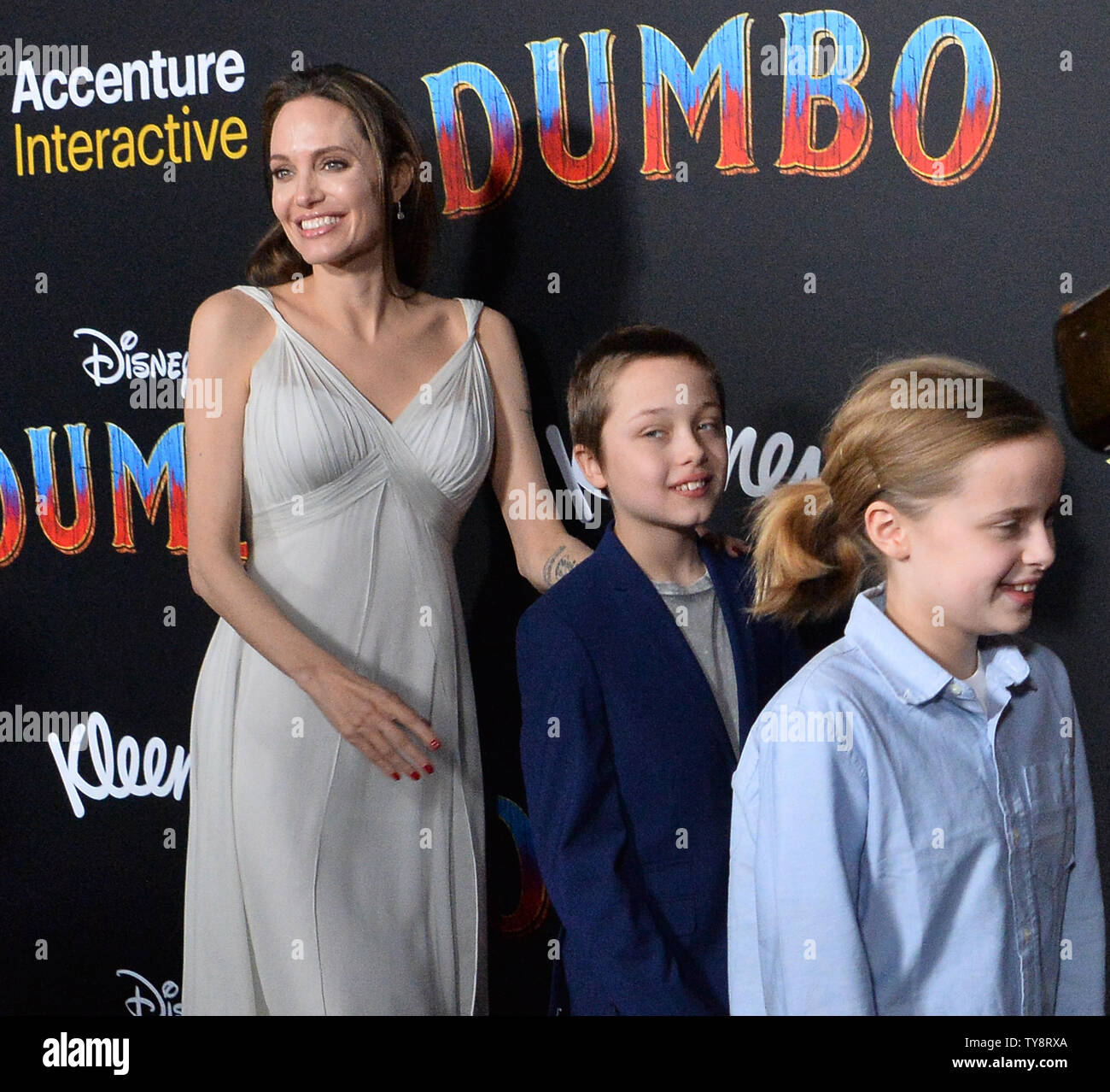Angelina Jolie, Knox Leon Jolie-Pitt and Vivienne Marcheline Jolie-Pitt (L-R) attend the premiere of the motion picture fantasy "Dumbo" at the Ray Dolby Ballroom, Loews Hollywood Hotel in the Hollywood section of Los Angeles on March 11, 2019. Storyline: A young elephant, whose oversized ears enable him to fly, helps save a struggling circus, but when the circus plans a new venture, Dumbo and his friends discover dark secrets beneath its shiny veneer.  Photo by Jim Ruymen/UPI Stock Photo