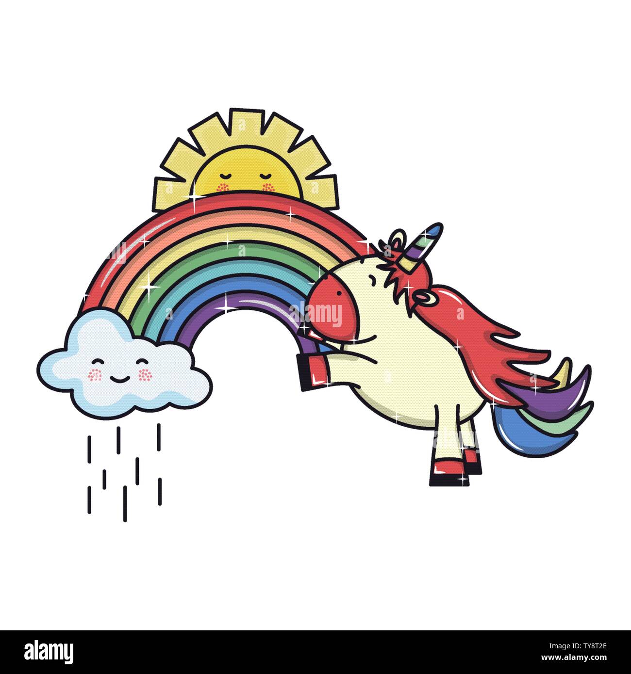 cute adorable unicorn with clouds rainy and rainbow vector illustration ...
