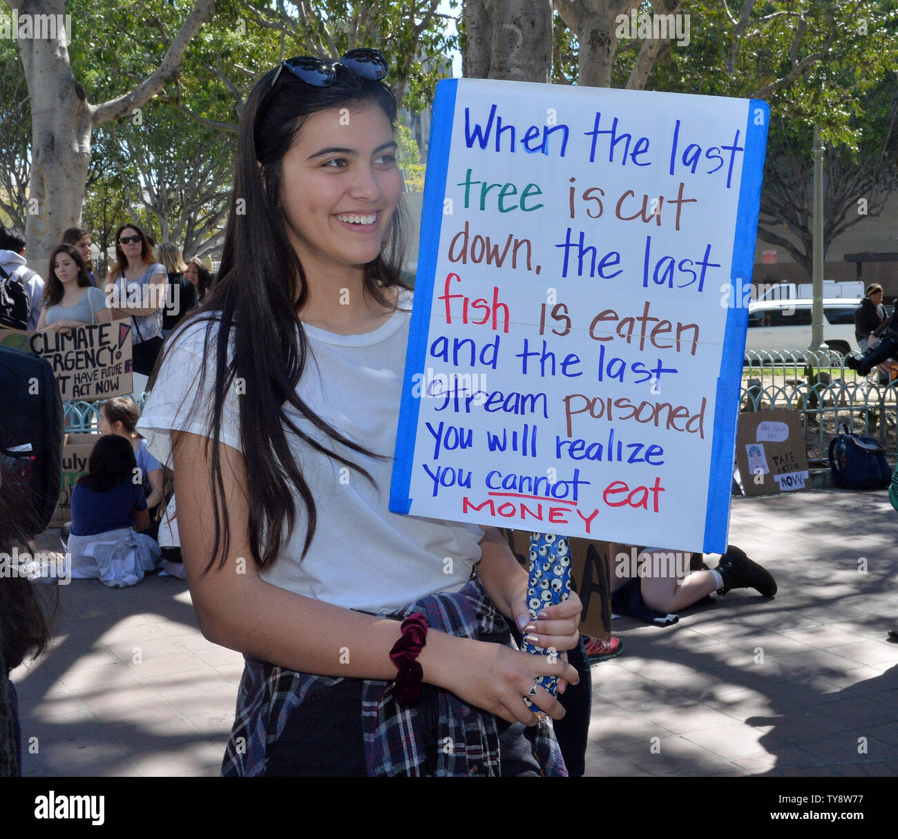 Several hundred students and environmental activists converged on City Hall and marched to the Department of Water and Power to take part in a worldwide school walkout to call for more aggressive action on fighting climate change, with a national embrace of the Green New Deal, an end to fossil fuel infrastructure projects and a number of other aggressive actions on climate change. Protests are also occurred in at least several dozen other California cities, Chicago, New York, Washington D.C., dozens of European capitals, New Zealand, India and elsewhere.  Photo by Jim Ruymen/UPI Stock Photo