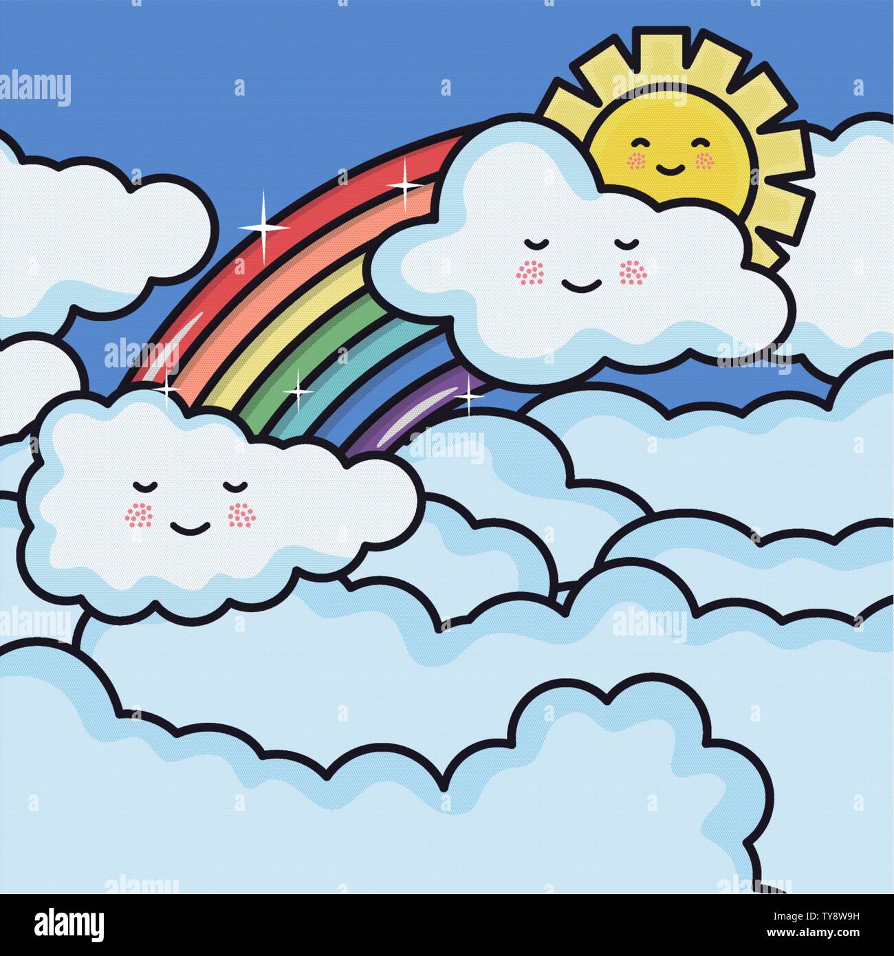 cute summer sun and clouds with rainbow kawaii characters illustration ...