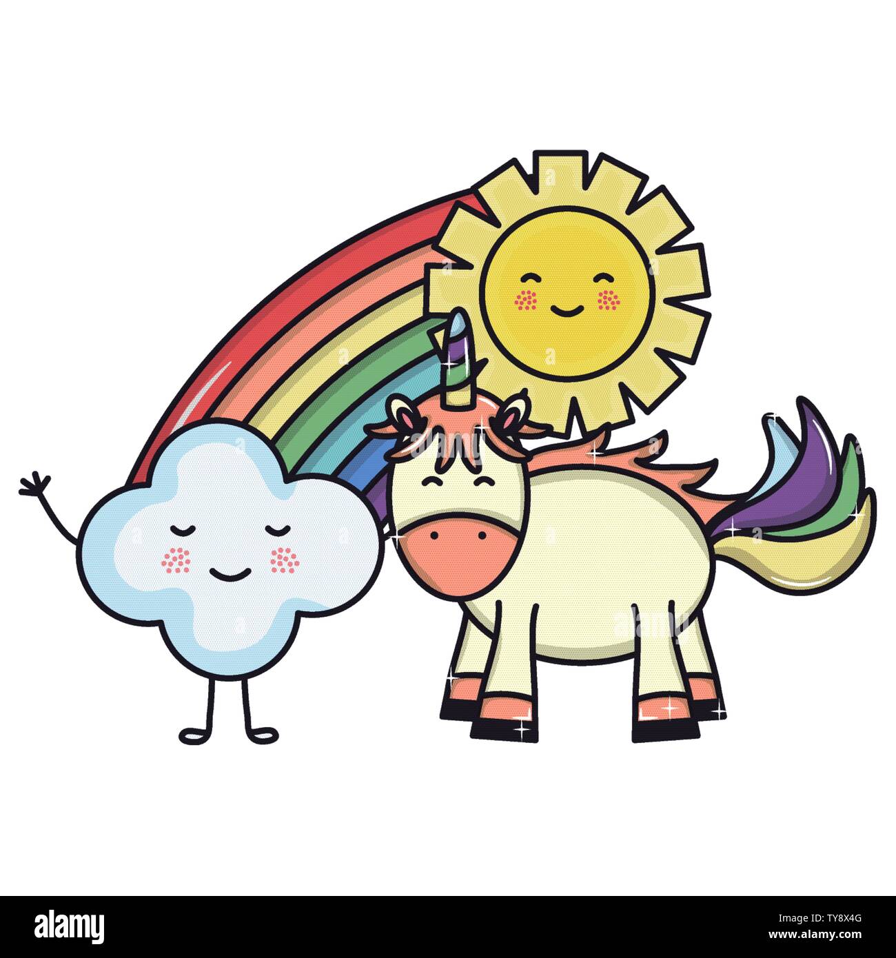 cute unicorn in rainbow with clouds and sun kawaii characters vector ...