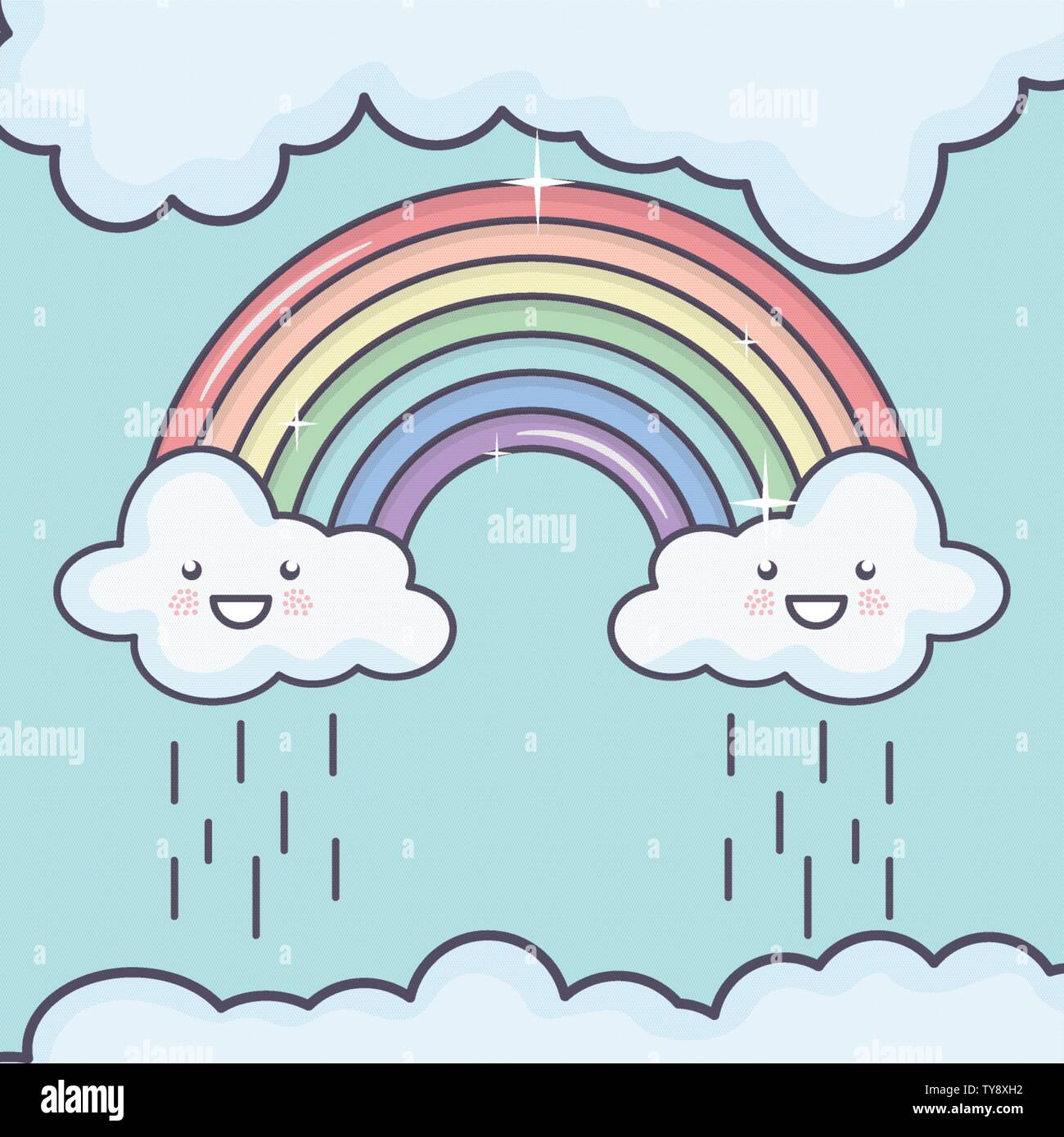 clouds sky with rainbow weather kawaii characters vector illustration ...