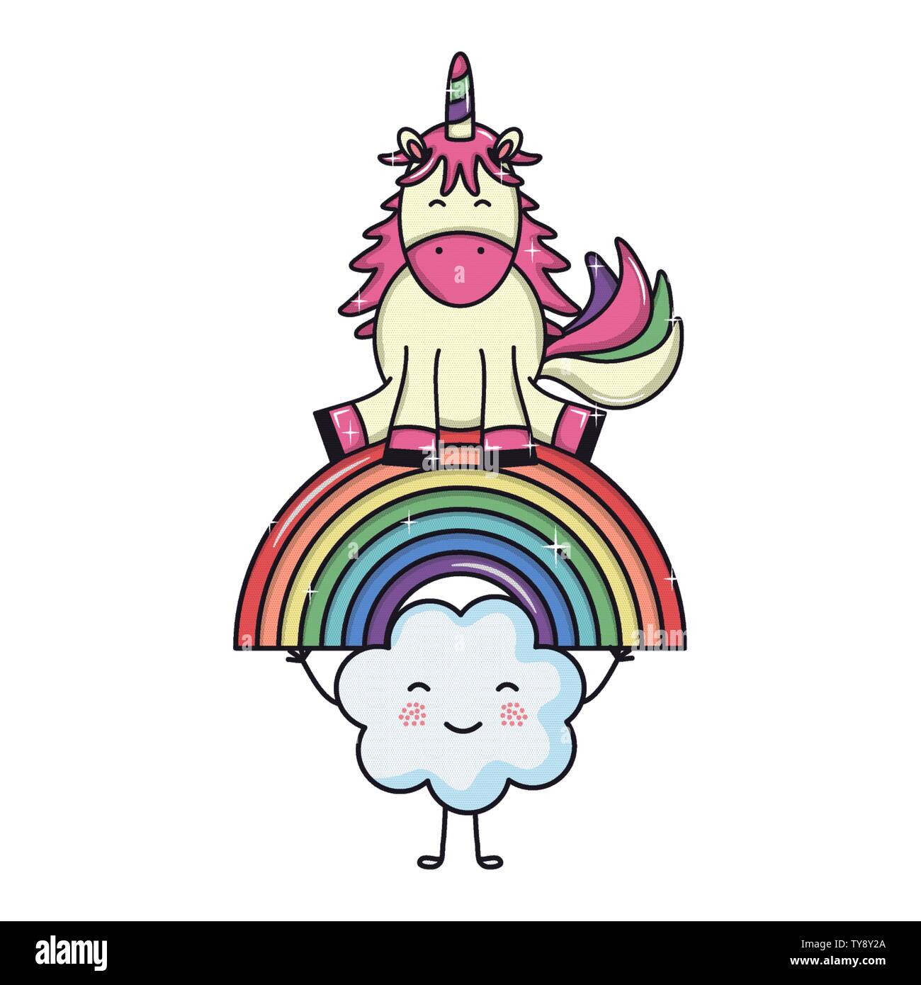 cute adorable unicorn with clouds and rainbow vector illustration ...