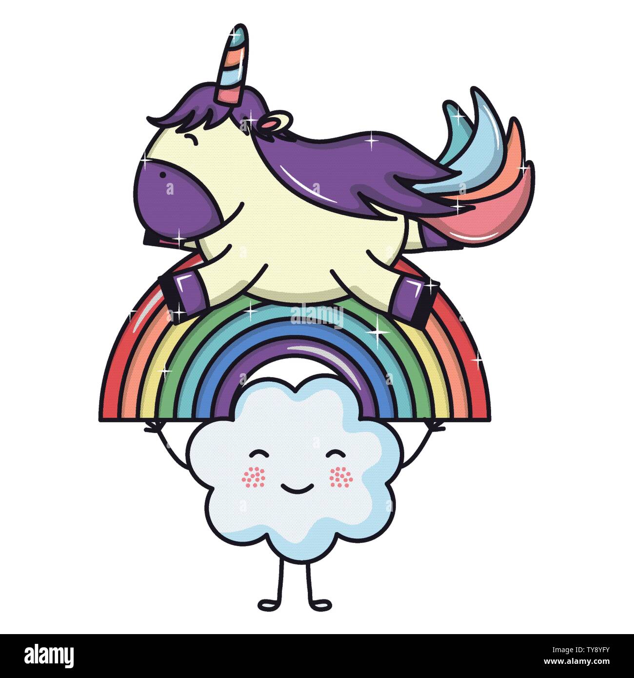 cute adorable unicorn with clouds and rainbow vector illustration ...