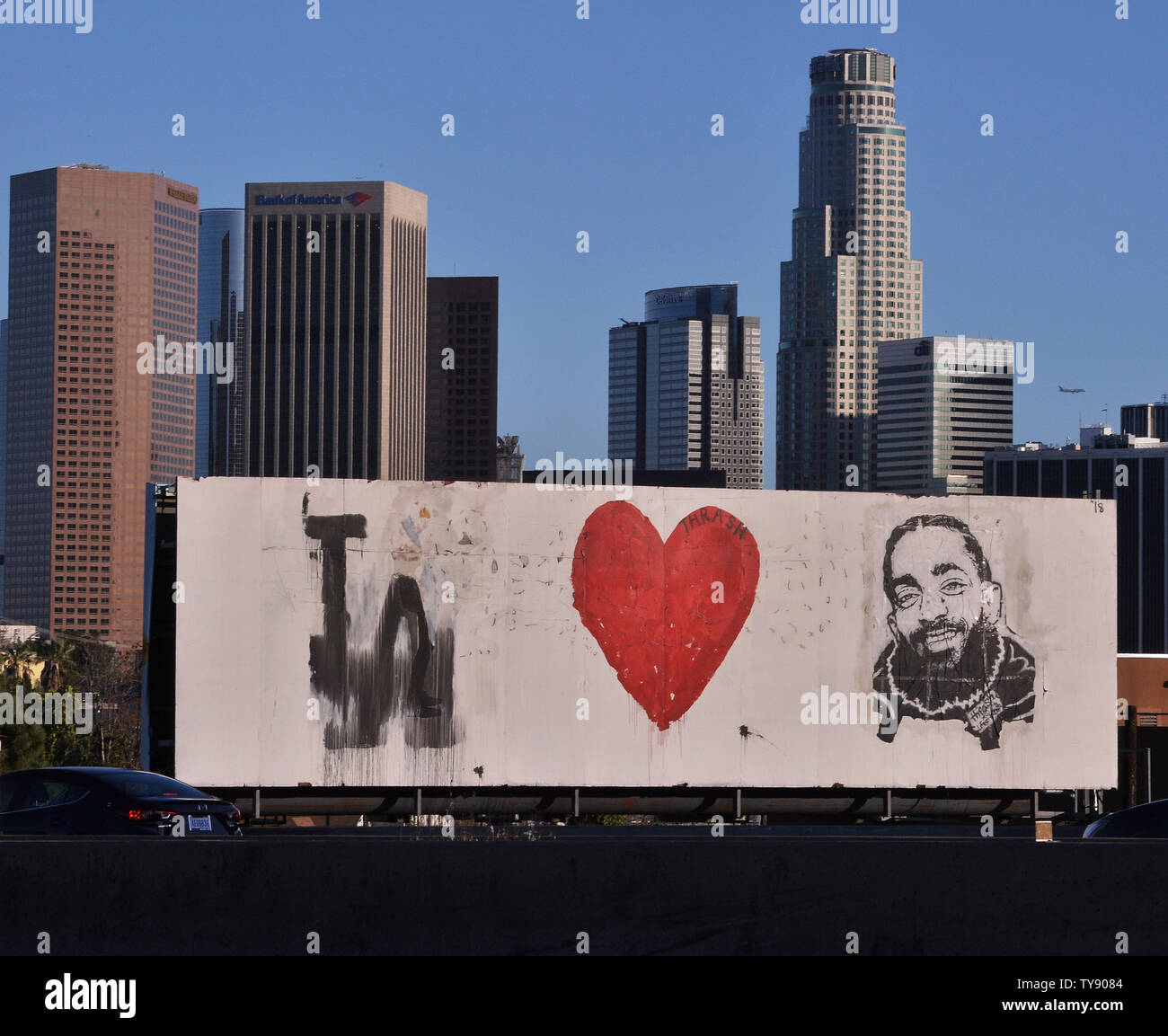 A billboard with the face of slain rapper Ermias Ashgedom, better known as Nipsey Hussle is pictured off the 101 Freeway, looking south towards downtown Los Angeles on April 10, 2019. A public memorial service for Nipsey Husstle will be held Thursday, April 11 at Staples Center in Los Angeles.   Photo by Jim Ruymen/UPI Stock Photo
