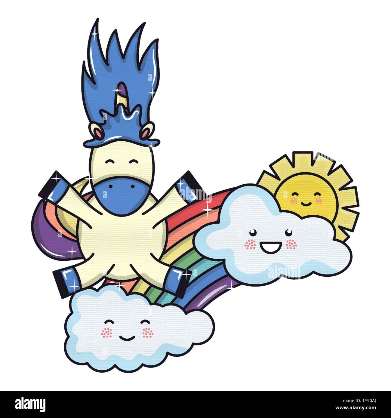 cute unicorn in rainbow with clouds and sun kawaii characters vector ...
