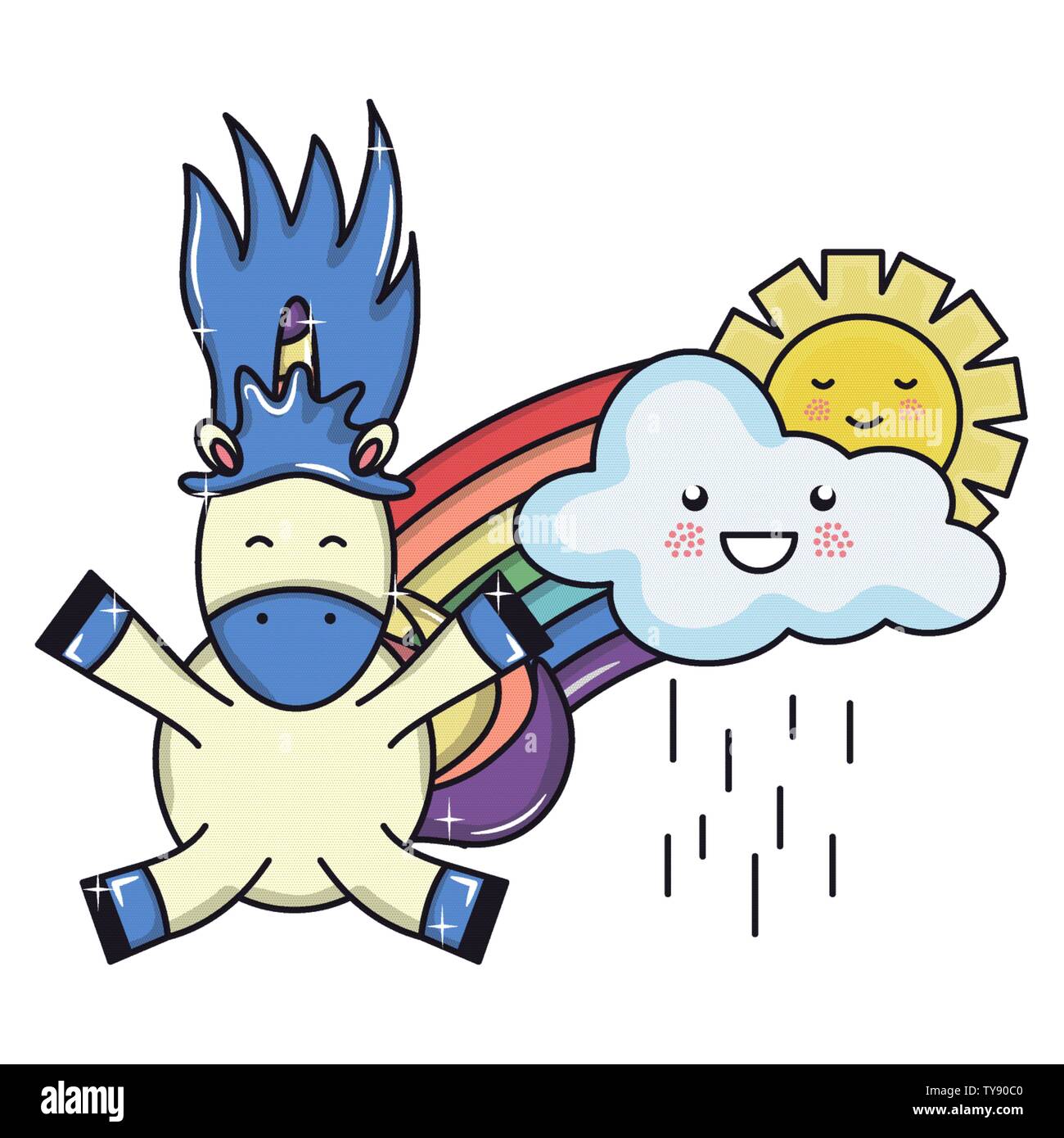 cute adorable unicorn with clouds rainy and rainbow vector illustration ...