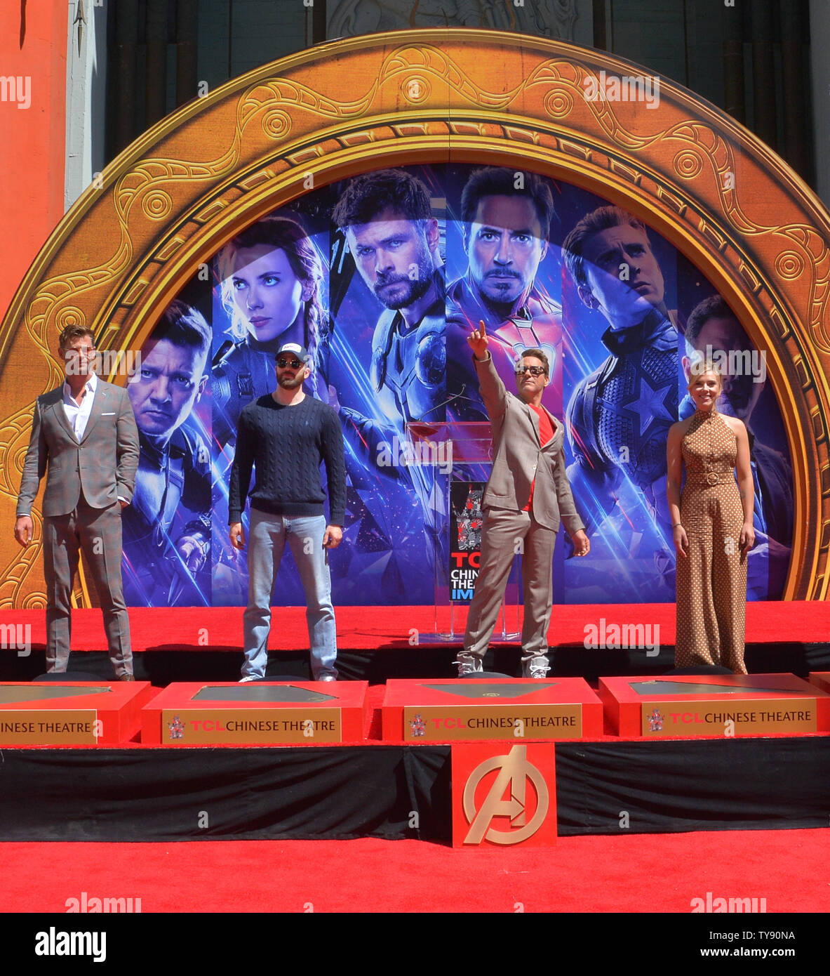 Chris Hemsworth, Chris Evans, Robert Downey Jr., and Scarlett Johansson (L-R) participate in a hand and footprint ceremony immortalizing them in the forecourt of the TCL Chinese Theatre (formerly Grauman's) in the Hollywood section of Los Angeles on April 23, 2019. Photo by Jim Ruymen/UPI Stock Photo