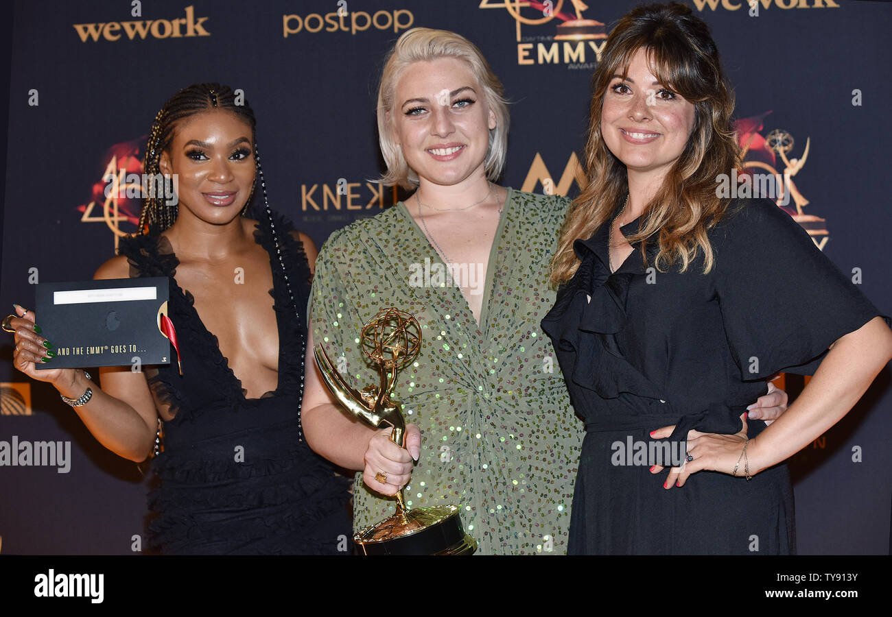 The hairstylist team for 'The Talk' pose with their Emmy for Outstanding Hairstyling backstage in the press room during the 46th Annual Daytime Creative Arts Emmy Awards at the Pasadena Civic Auditorium in Pasadena, California on May 3, 2019. Photo by Chris Chew/UPI Stock Photo
