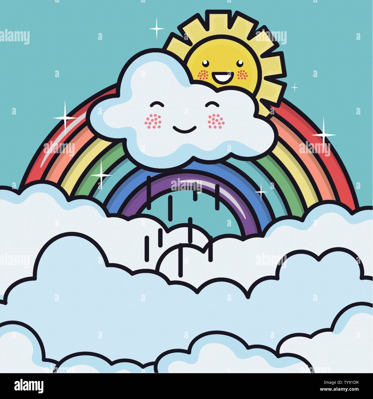 cute summer sun and clouds rainy with rainbow kawaii characters ...