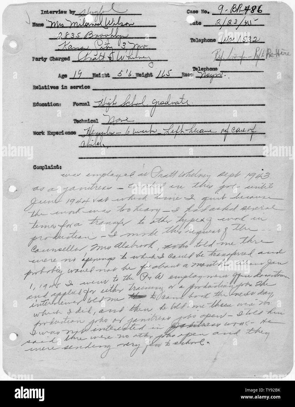 Mildred Wilson [Case 9-BR-486]: Complaint Interview; Scope and content:  Notes from interview of the complainant. Stock Photo