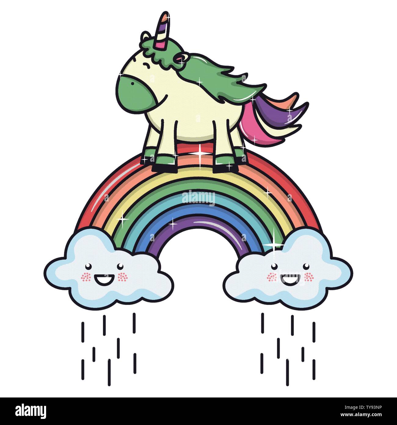 cute adorable unicorn with clouds rainy and rainbow vector illustration ...