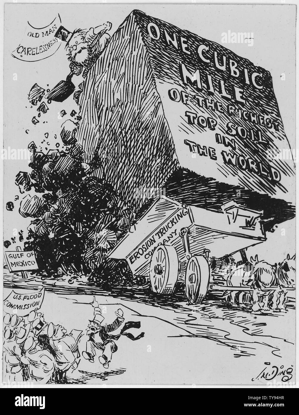 Missouri State Conservationist (1938–), cartoon on erosion; A horse-drawn wagon dumps a large cube of soil into the Mississippi River.  The cube is labeled One cubic mile of the richest top soil in the world. On top of the soil is a top-hatted and bearded man with a shovel, labeled Old Man Carelessness.  A sign on the left shows the soil is on its way to the Gulf of Mexico. Also on the left are a group of men representing the U.S. Flood Commission, witnessing the dumping while another top-hatted and bearded old man is trying to get the group's attention by jumping up and down and pointing to t Stock Photo