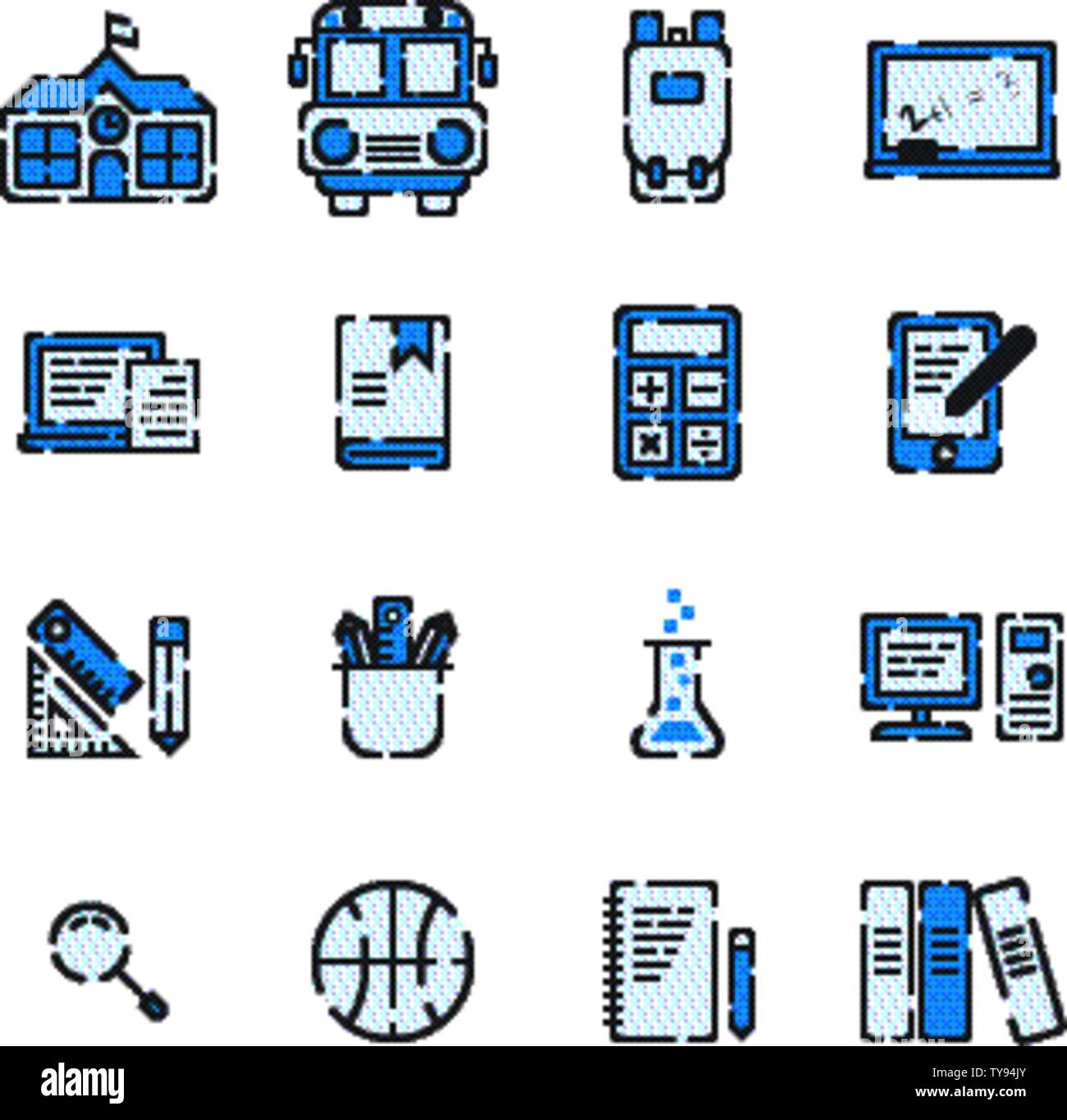 School Elements filled outline icon set on white background. Stock Vector