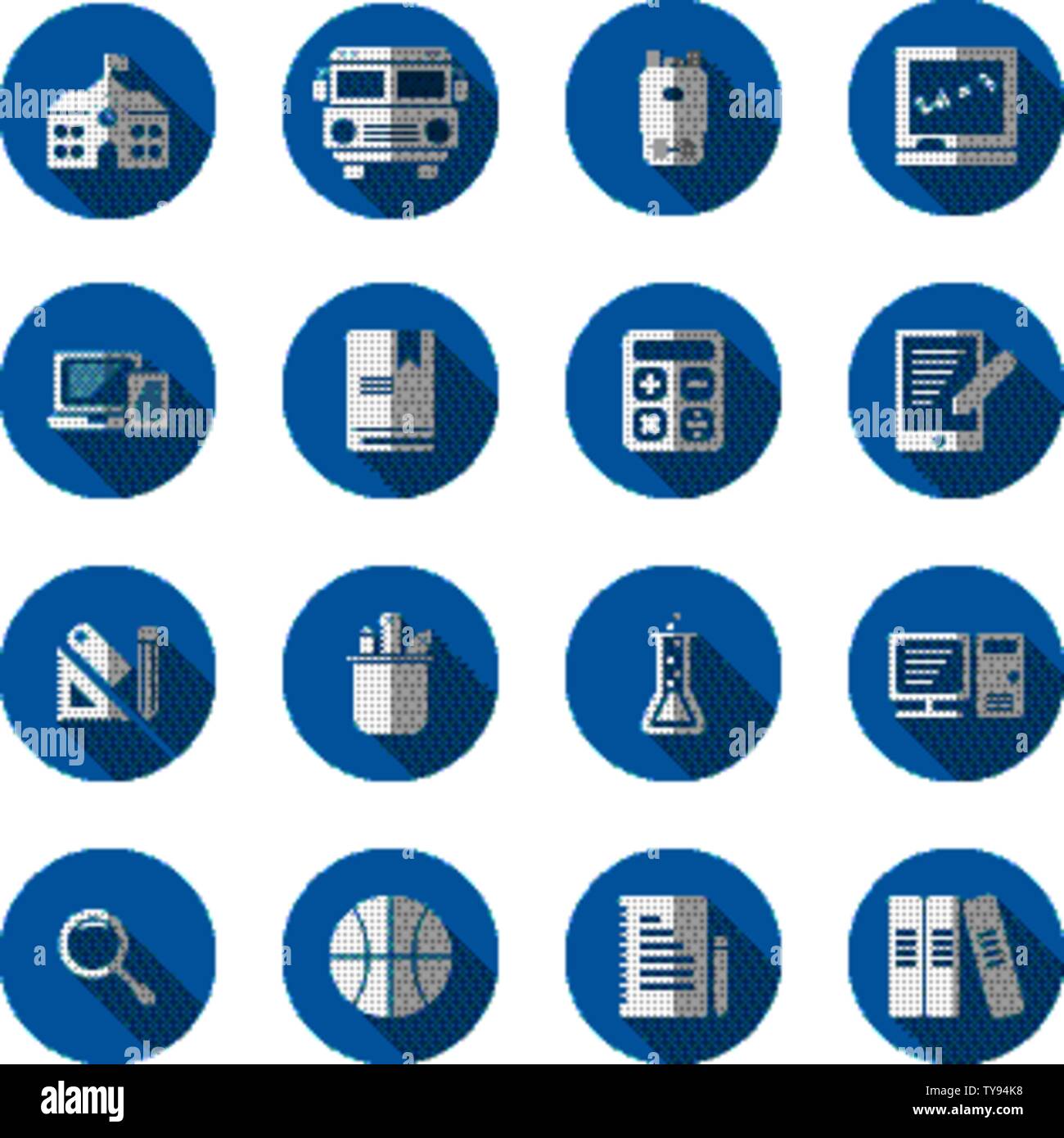 School Elements flat long shadow icon set on white background. Stock Vector