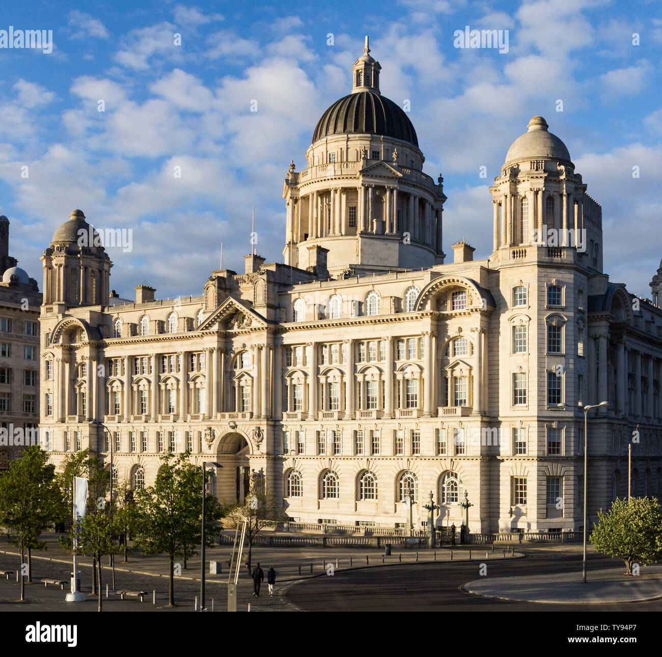 The Port of Liverpool Building, part of the pier head area of the River Mersey waterfront, comprising three buildings, known as The Three Graces. Stock Photo