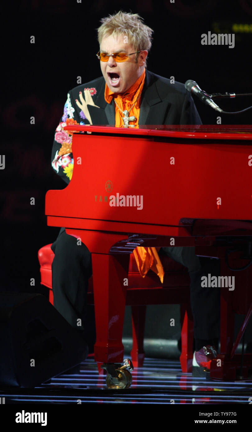 Elton John performs at Caesars Palace in Las Vegas, Nevada on June 21,  2008. The iconic English pianist and Rock and Roll Hall of Famer was giving  the 200th performance of his "