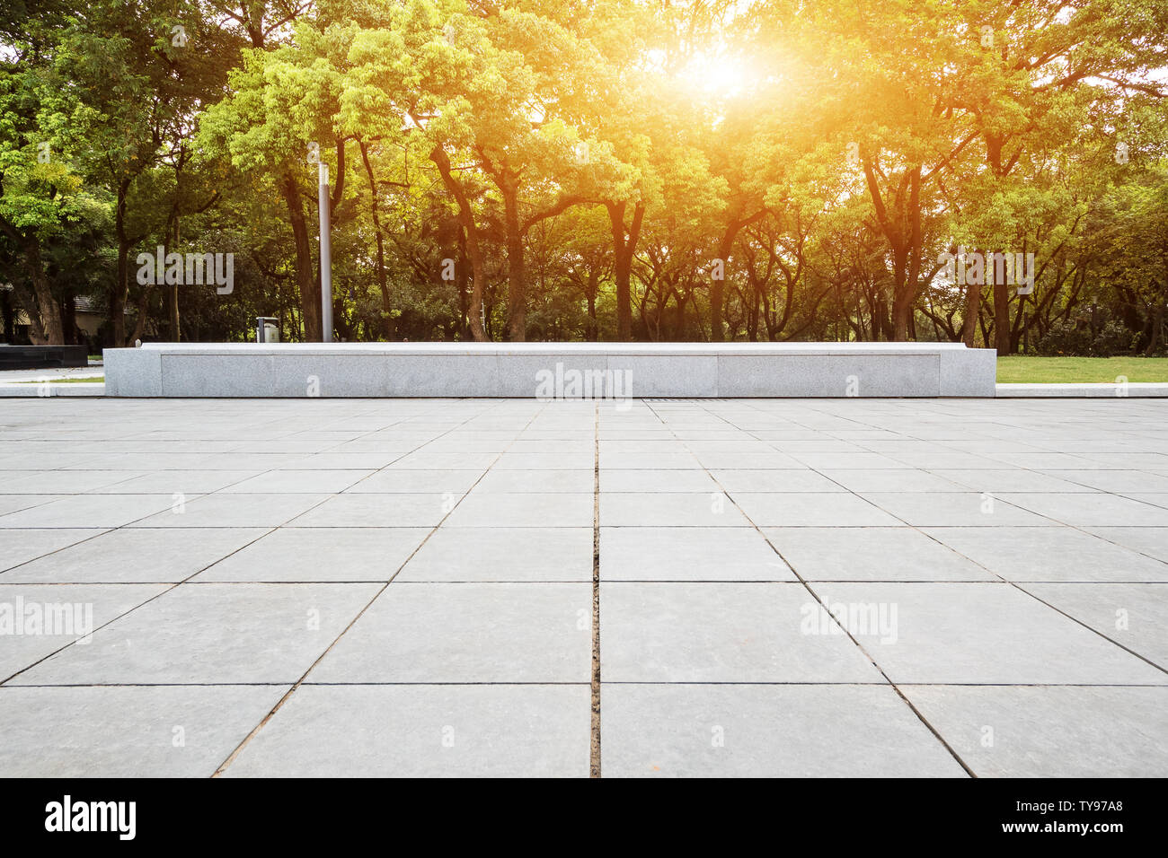 Empty marble floor near green forest Stock Photo