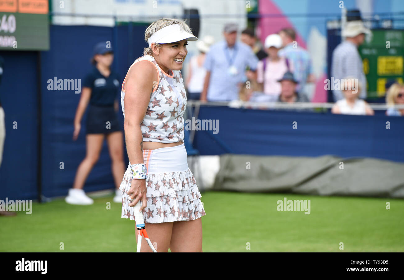 Eastbourne UK 25th June 2019 -  Bethanie Mattek-Sands of USA in action in a doubles match with partner Kirsten Flipkens at the Nature Valley International tennis tournament held at Devonshire Park in Eastbourne . Credit : Simon Dack Stock Photo