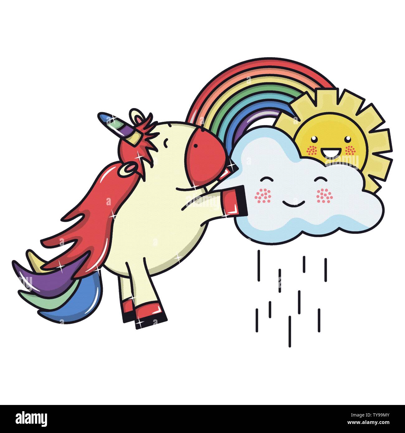 cute adorable unicorn with clouds rainy and rainbow vector illustration ...
