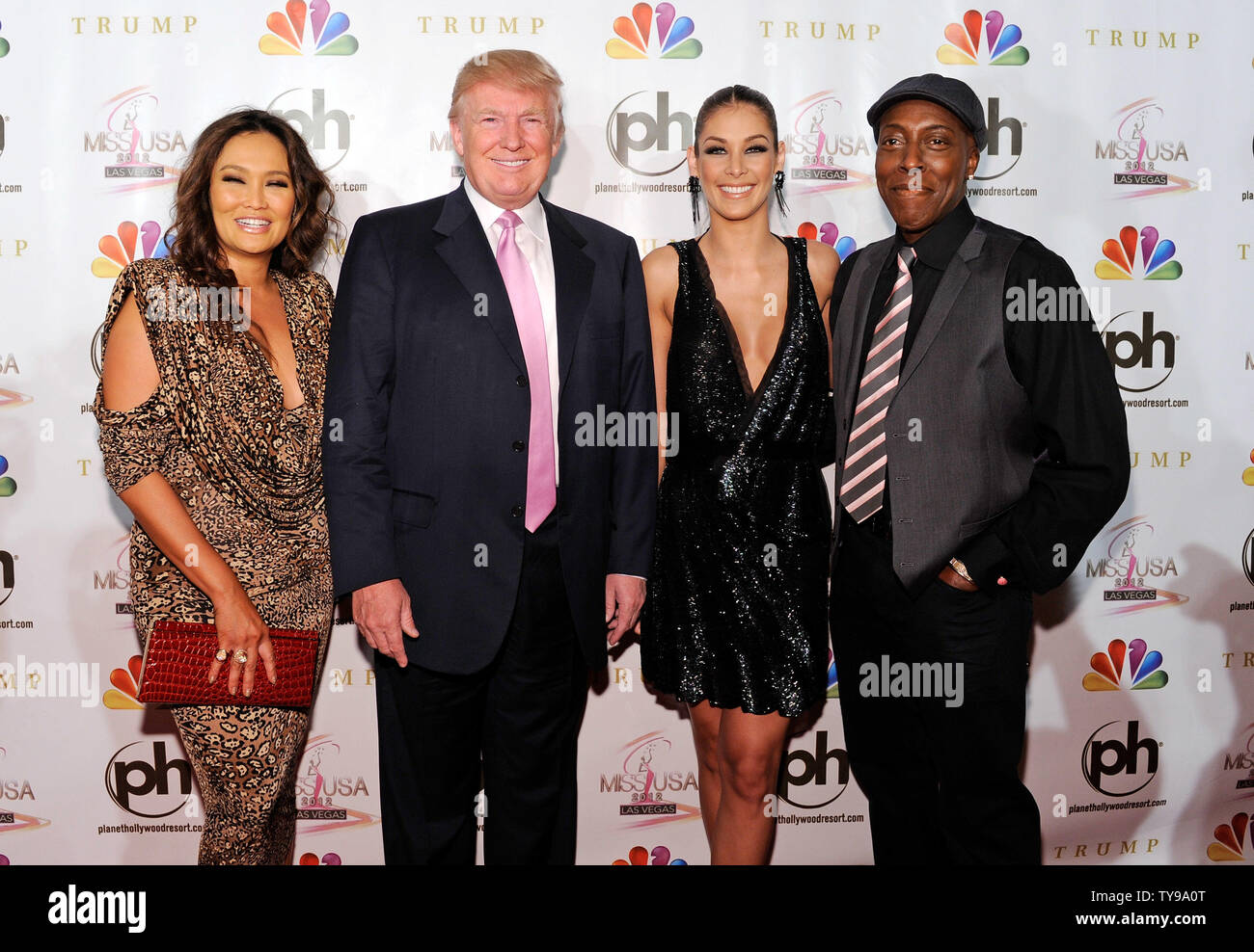 Actress from left, Tia Carrere, Donald Trump, Miss Universe 2008 Dayana Mendoza and actor Arsenio Hall arrive at the 2012 Miss USA competition at the Planet Hollywood Resort and Casino in Las Vegas, Nevada on June 3, 2012.  UPI/David Becker Stock Photo