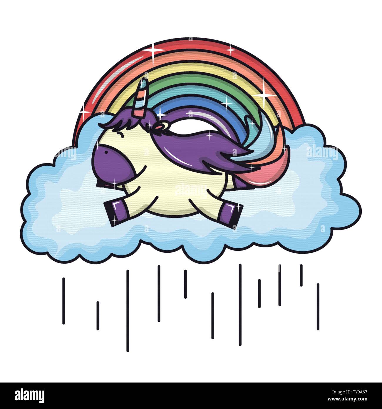 cute adorable unicorn with clouds rainy and rainbow vector illustration ...