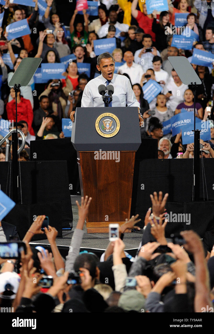 President Barack Obama speaks at a campaign event at Doolittle Park in Las Vegas, Nevada on October 24, 2012.  UPI/David Becker Stock Photo