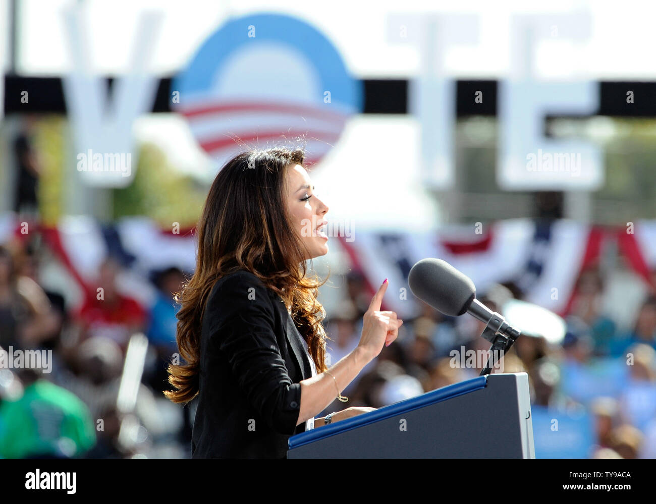 Actress Eva Longoria speaks at a grassroots rally in support of President Barack Obama at the Cheyenne Sports Complex in North Las Vegas, Nevada on November 1, 2012.  UPI/David Becker Stock Photo