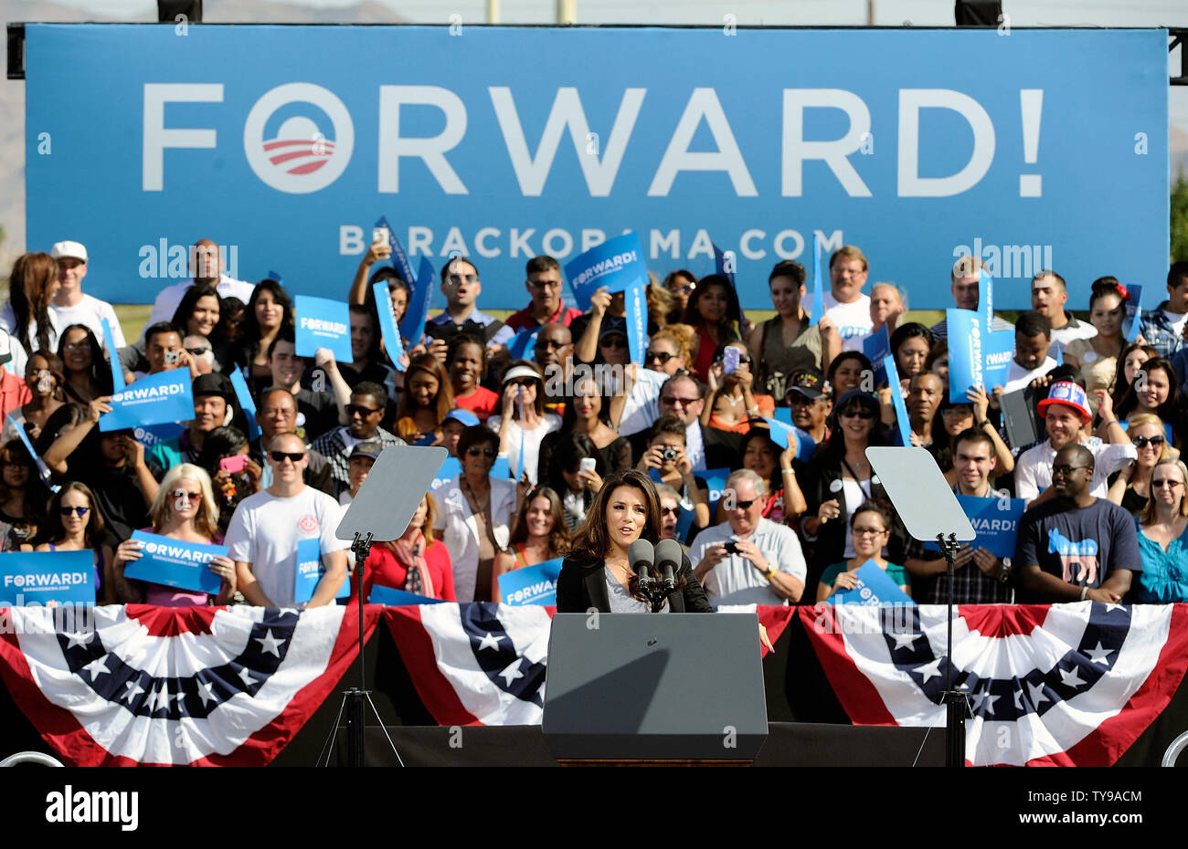 Actress Eva Longoria speaks at a grassroots rally in support of President Barack Obama at the Cheyenne Sports Complex in North Las Vegas, Nevada on November 1, 2012.  UPI/David Becker Stock Photo
