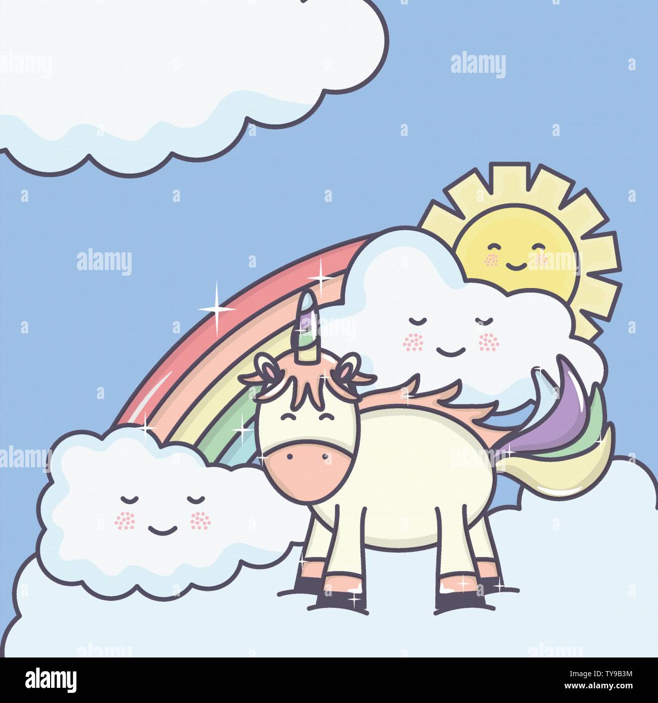 cute adorable unicorn with clouds sunny and rainbow vector illustration ...
