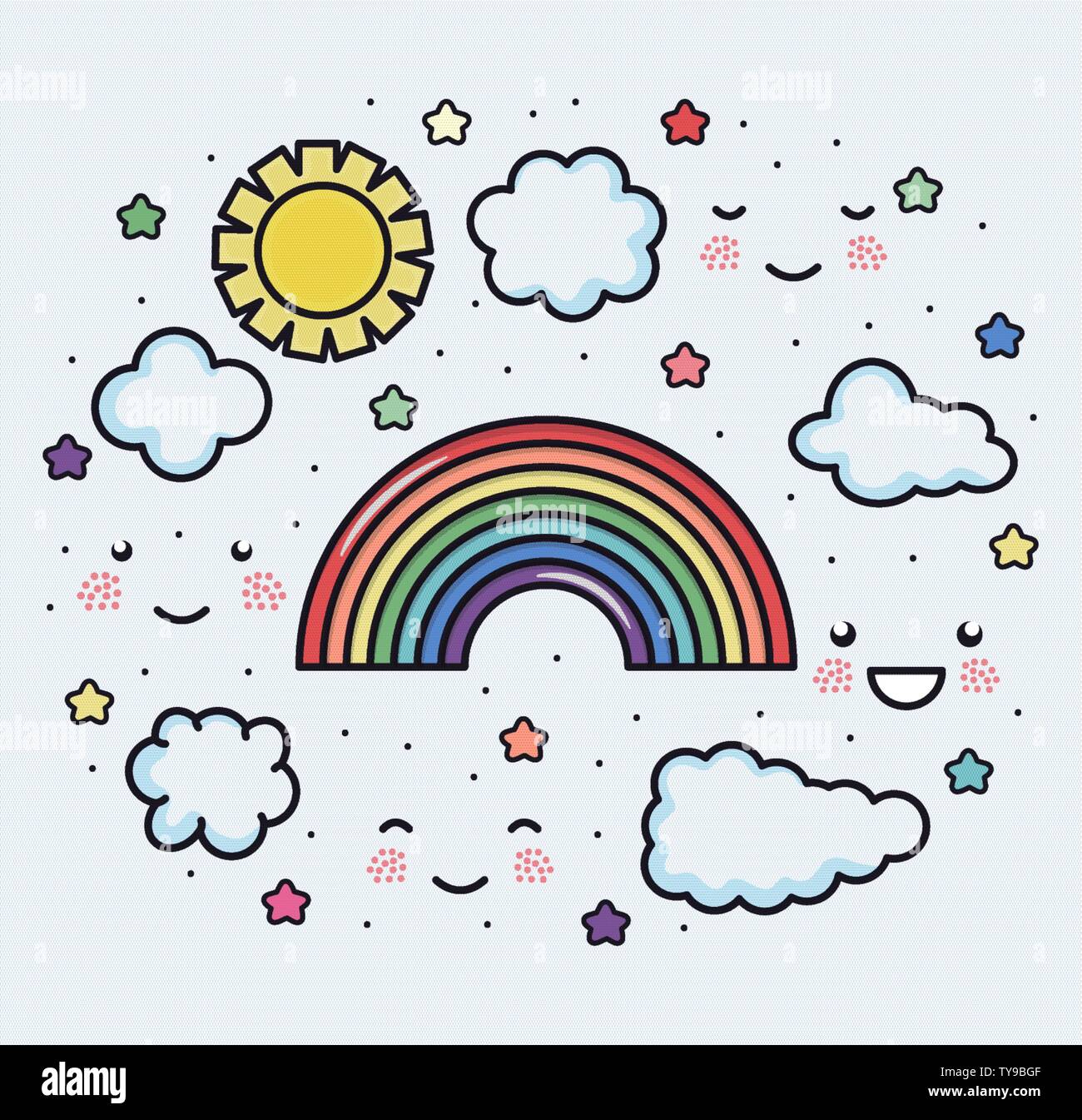 cute summer sun and clouds with rainbow kawaii characters illustration ...