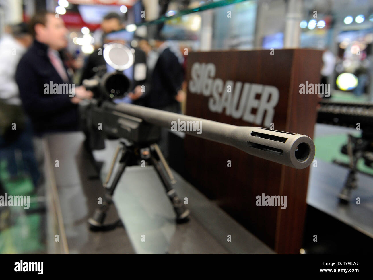 A SSG 3000 high-powered rifle is on display at the Sig Sauer booth at the National Shooting Sports Foundation's 35th annual Shooting, Hunting, Outdoor Trade (SHOT) Show at the Sands Expo and Convention Center January 16, 2013 in Las Vegas. The SHOT Show is the largest annual gathering of shooting professionals with more than 1,600 exhibitors and 60,000 attendees expected.  UPI/David Becker Stock Photo
