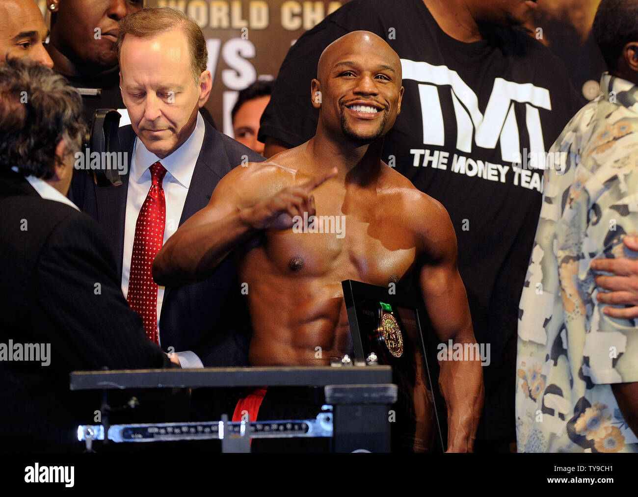 Boxer Floyd Mayweather weighs in at 146 pounds for his fight against Robert Guerrero for the WBC and Vacant Ring Magazine Welterweight titles at the MGM Grand Garden Arena in Las Vegas, Nevada on May 3, 2013. UPI/David Becker Stock Photo