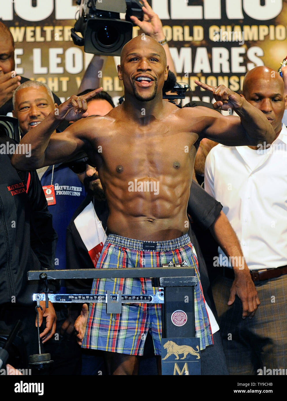 Boxer Floyd Mayweather weighs in at 146 pounds for his fight against Robert Guerrero for the WBC and Vacant Ring Magazine Welterweight titles at the MGM Grand Garden Arena in Las Vegas, Nevada on May 3, 2013. UPI/David Becker Stock Photo