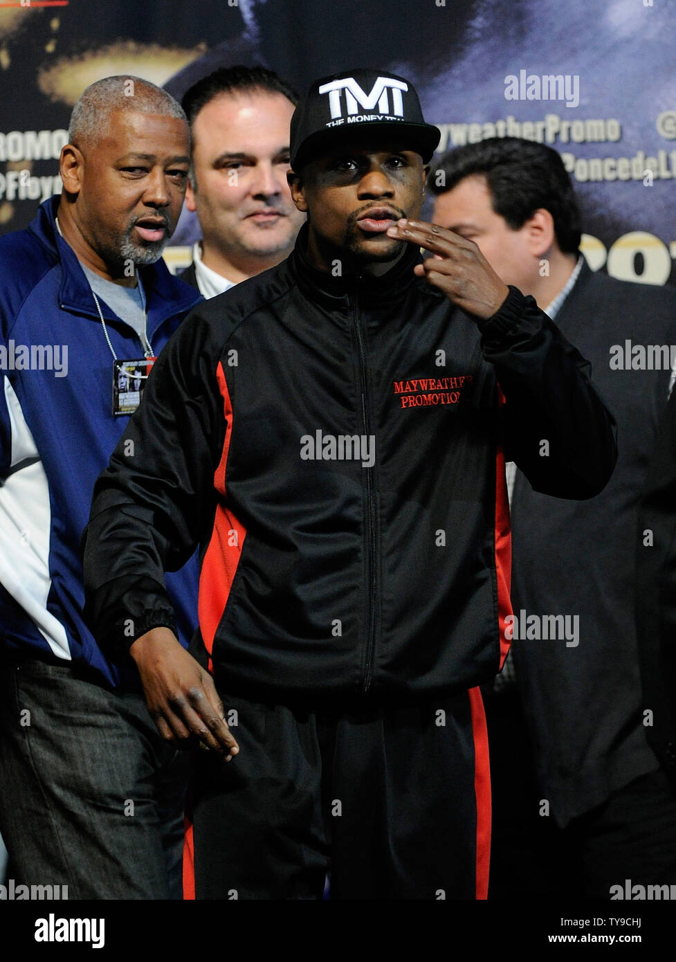 Boxer Floyd Mayweather arrives to weigh-in before his fight against Robert Guerrero for the WBC and Vacant Ring Magazine Welterweight titles at the MGM Grand Garden Arena in Las Vegas, Nevada on May 3, 2013. UPI/David Becker Stock Photo