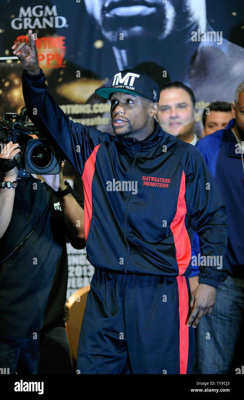 Boxer Floyd Mayweather arrives to weigh-in before his fight against Robert Guerrero for the WBC and Vacant Ring Magazine Welterweight titles at the MGM Grand Garden Arena in Las Vegas, Nevada on May 3, 2013. UPI/David Becker Stock Photo