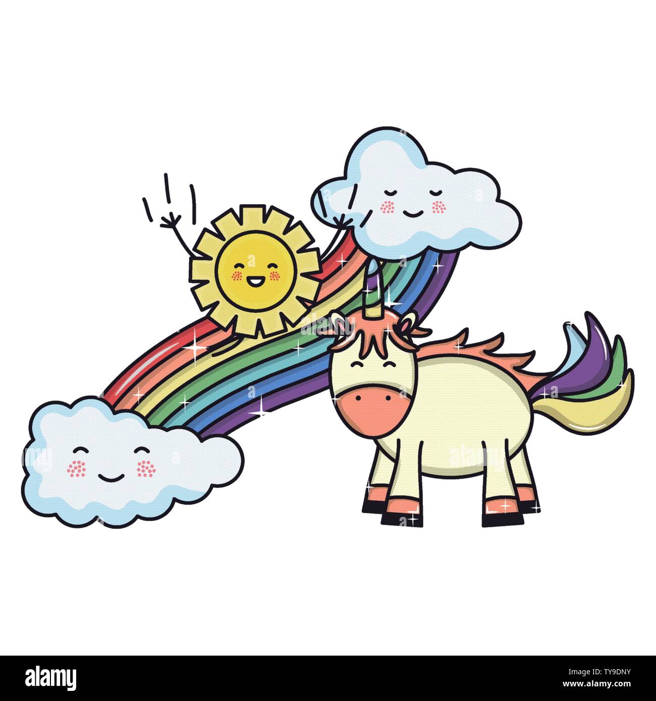 cute unicorn in rainbow with clouds and sun kawaii characters vector ...