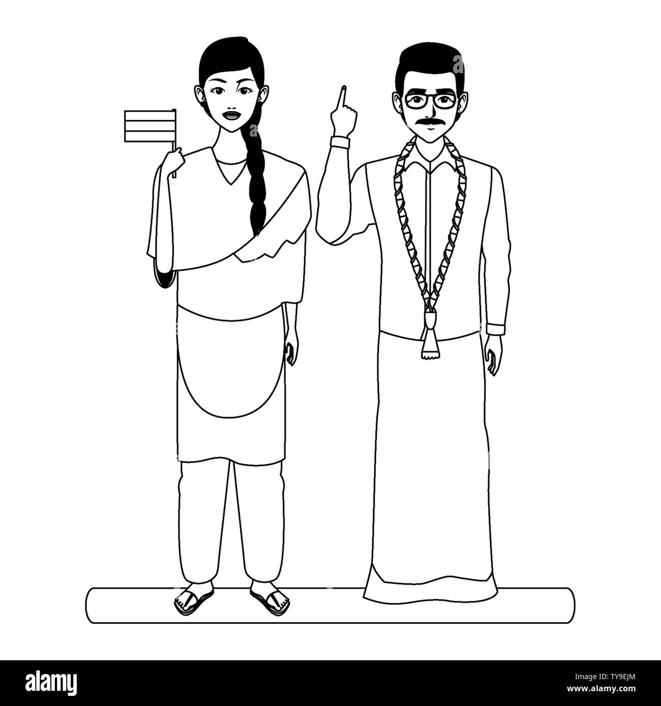 indian family avatar cartoon character in black and white Stock Vector ...