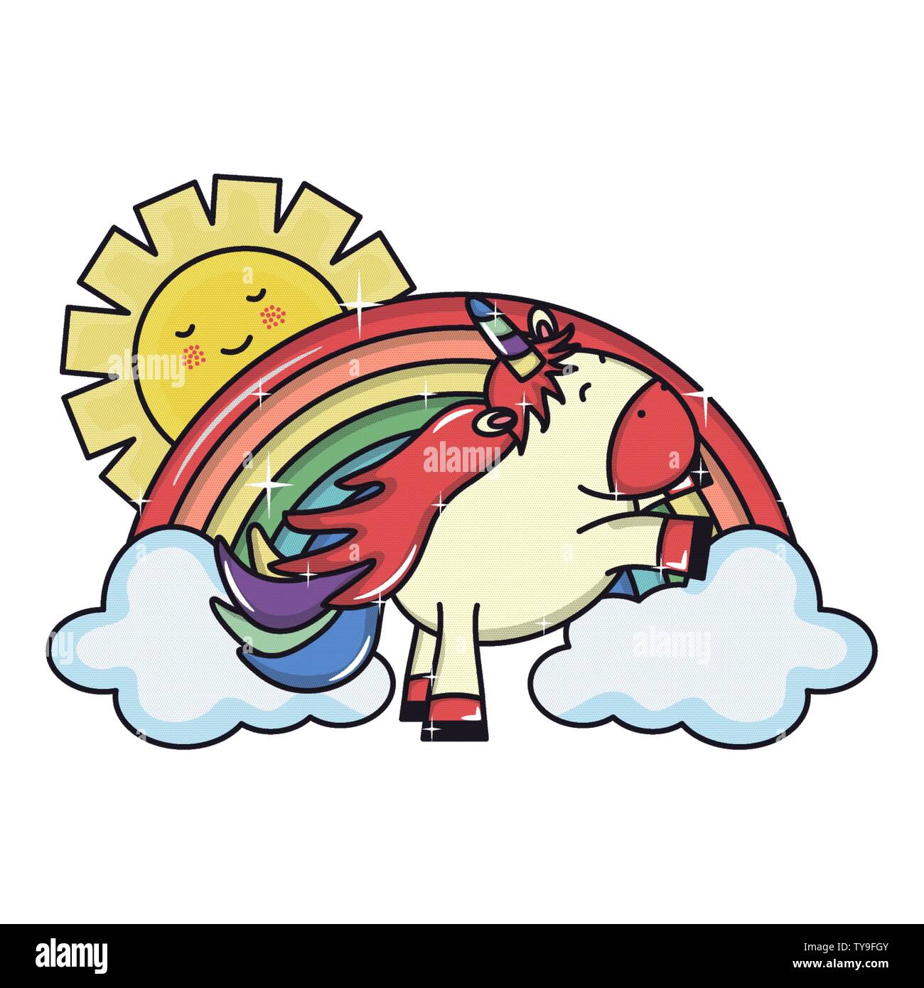 cute unicorn in rainbow with clouds and sun kawaii characters vector ...