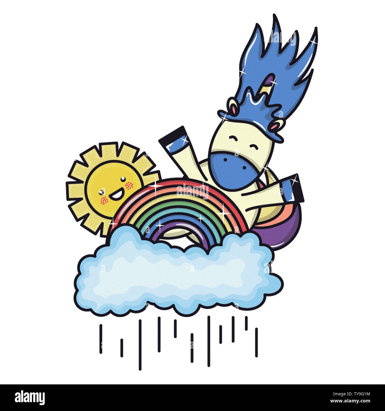 cute adorable unicorn with clouds rainy and rainbow vector illustration ...