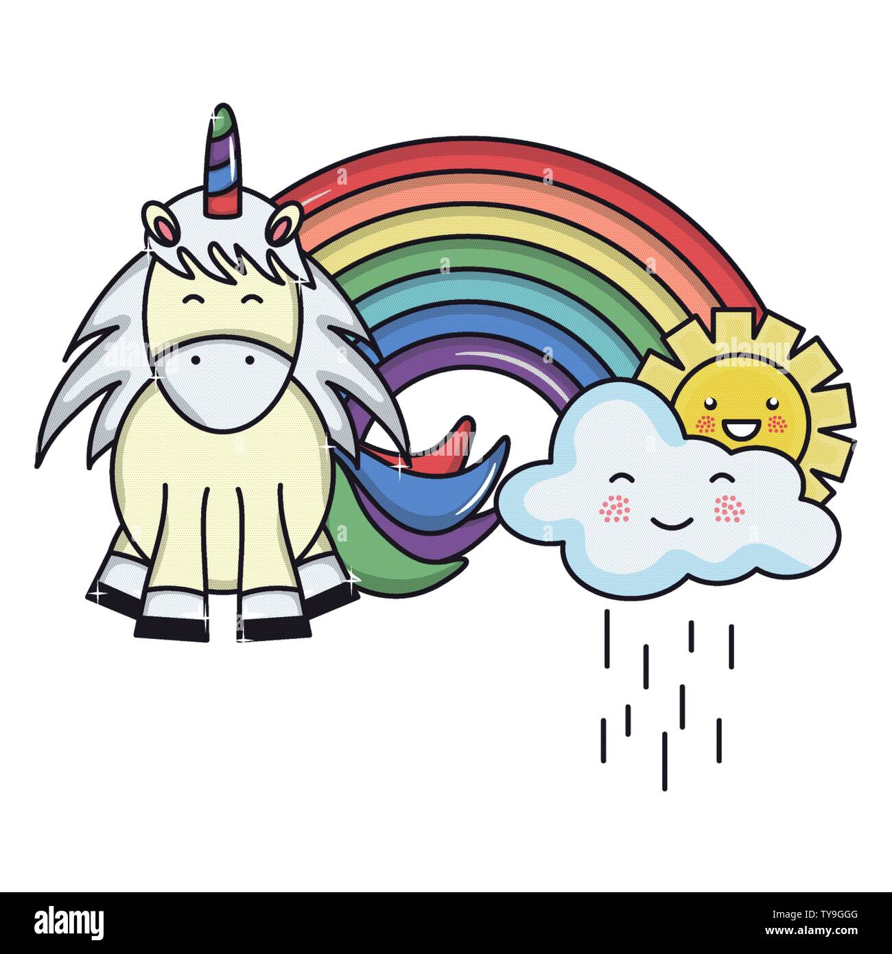 cute adorable unicorn with clouds rainy and rainbow vector illustration ...