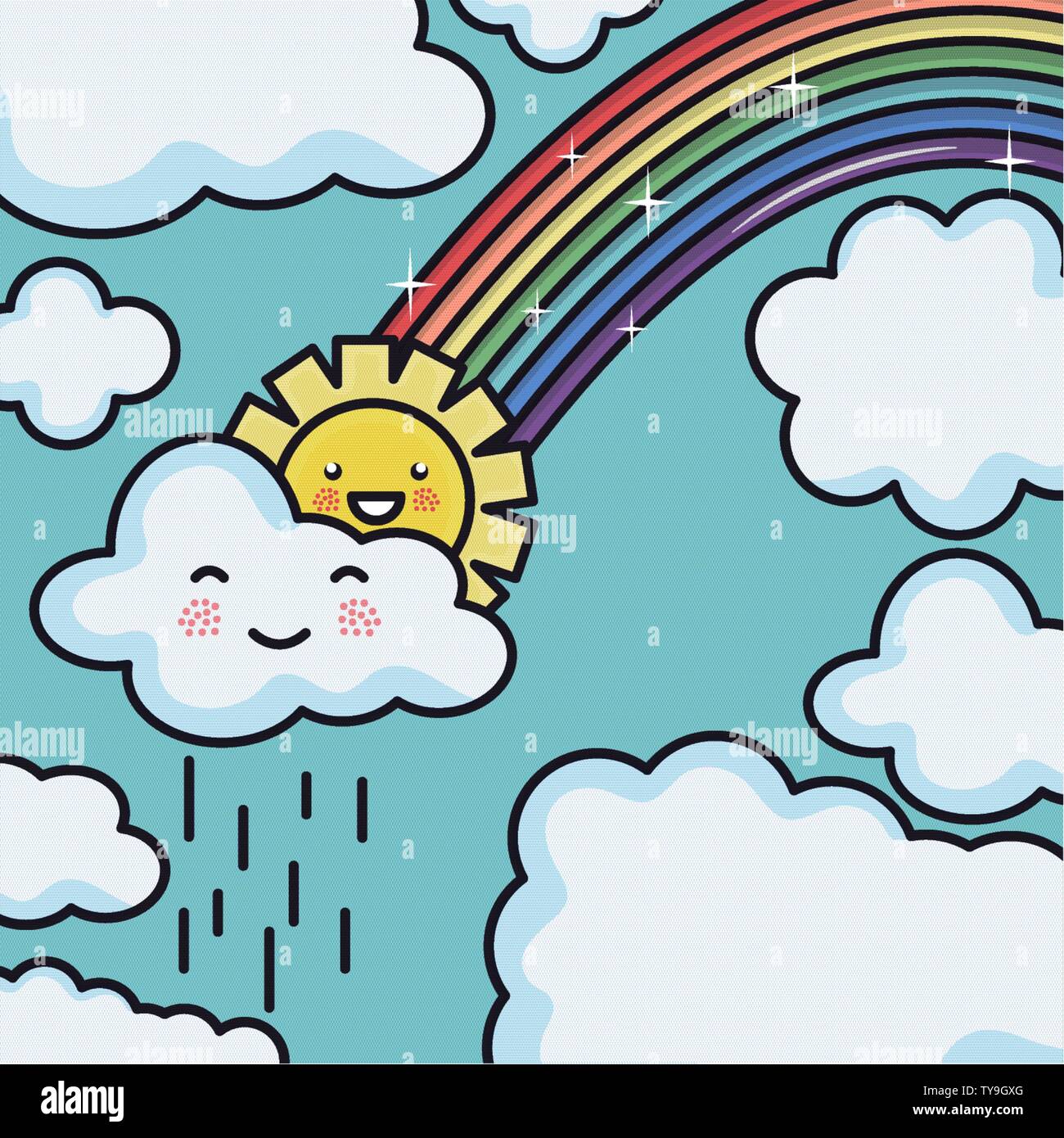 cute summer sun and clouds rainy with rainbow kawaii characters ...