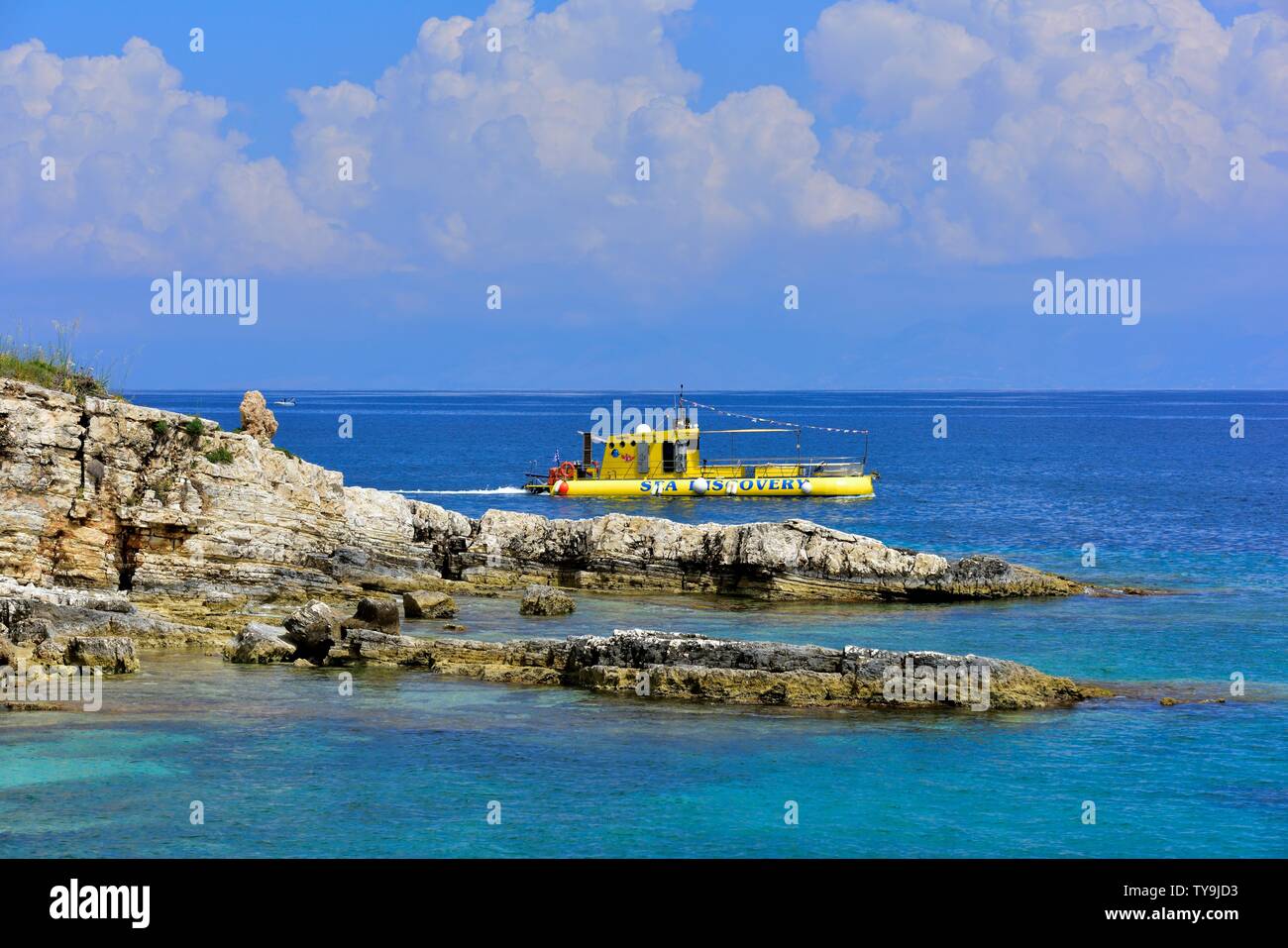 Sea Discovery,Yellow Submarine,Tourists Glass bottom boat,Kassiopi ,Kassopaia,Ionian Islands, Corfu ,Greece Stock Photo