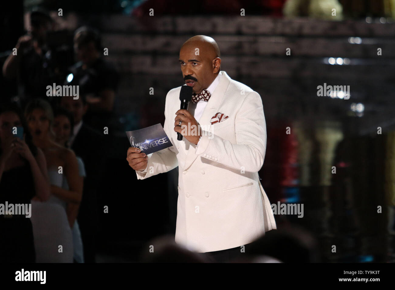Host Steve Harvey apologizes before admitting he annouced the wrong winner, onstage during the Miss Universe Pageant competition at Planet Hollywood Resort & Casino in Las Vegas, Nevada on December 20, 2015. Photo by James Atoa/UPI Stock Photo