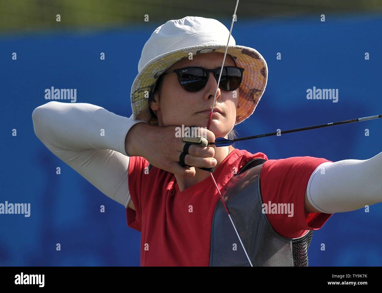 Minsk. Belarus. 26 June 2019. Maja Busbjerg Jager (DEN) taking part in the womens recurve archery at the 2nd European games. Credit Garry Bowden/SIP photo agency/Alamy live news. Stock Photo